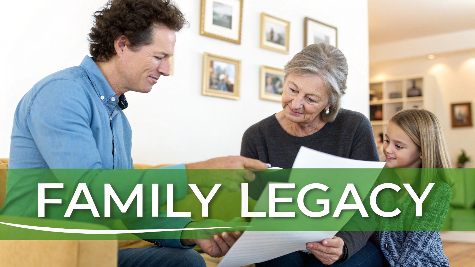 A man, an elderly woman, and a young girl review documents together, representing family legacy planning.