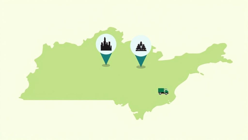 Map of the United States with pins in different cities representing variable tree removal costs.