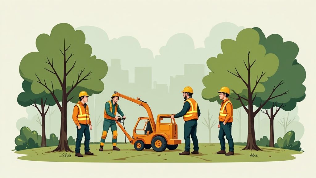 Man in safety gear expertly using a chainsaw to clear dense brush
