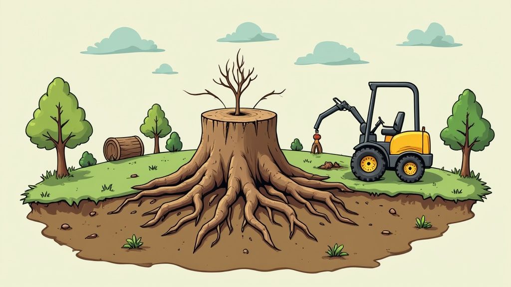 A tree stump being ground down in a residential yard, with wood chips flying.