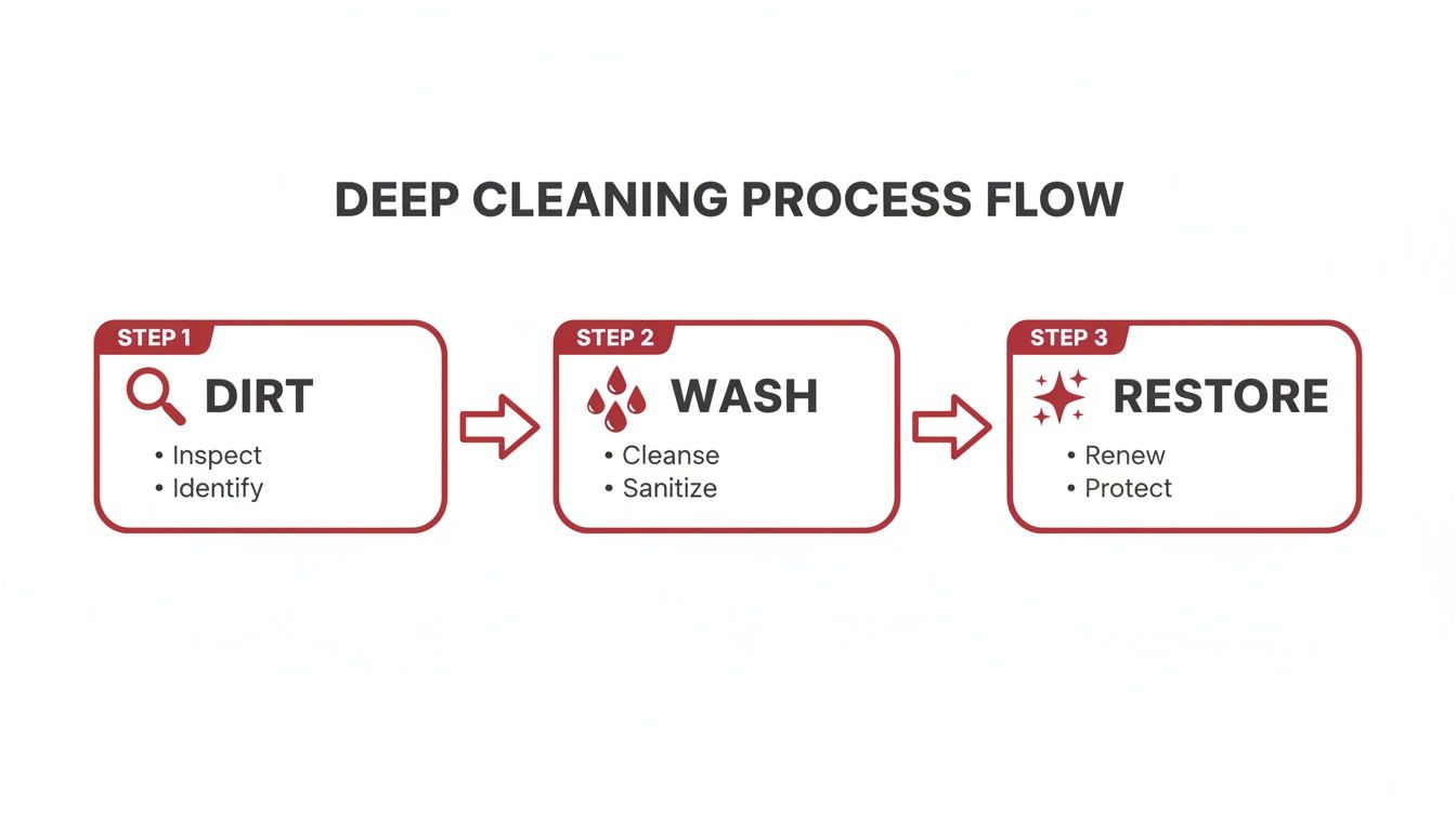 Deep cleaning process flow diagram outlining three steps: Dirt (Inspect, Identify), Wash, and Restore.