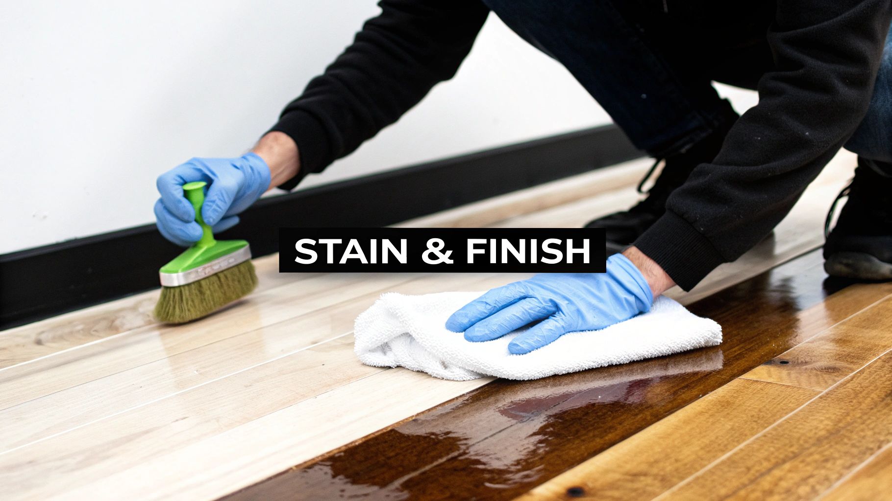 A person in blue gloves stains a wood floor with a brush and wipes another section with a cloth.