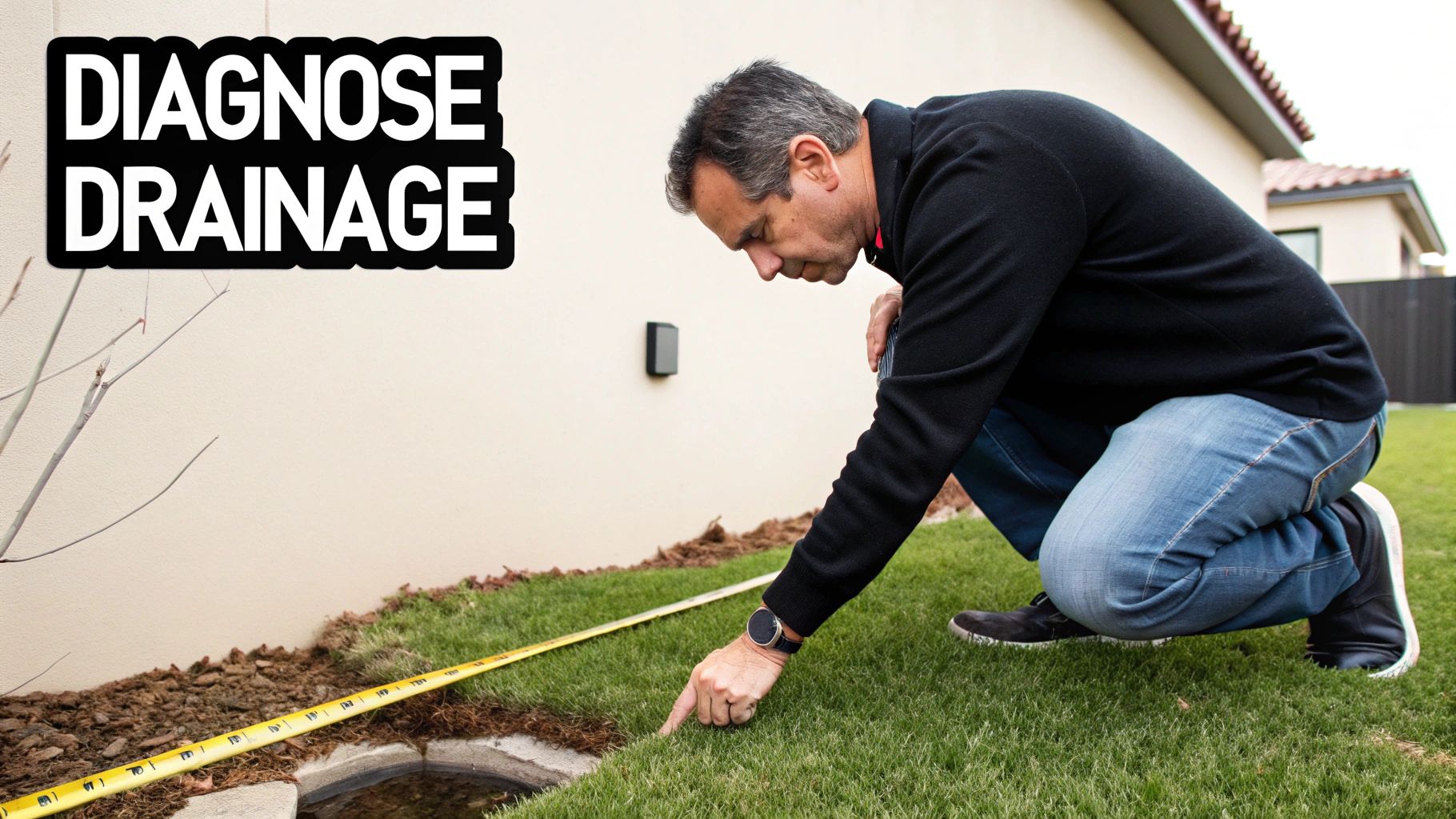 A man inspects a drainage problem in a yard next to a house, using a measuring tape.