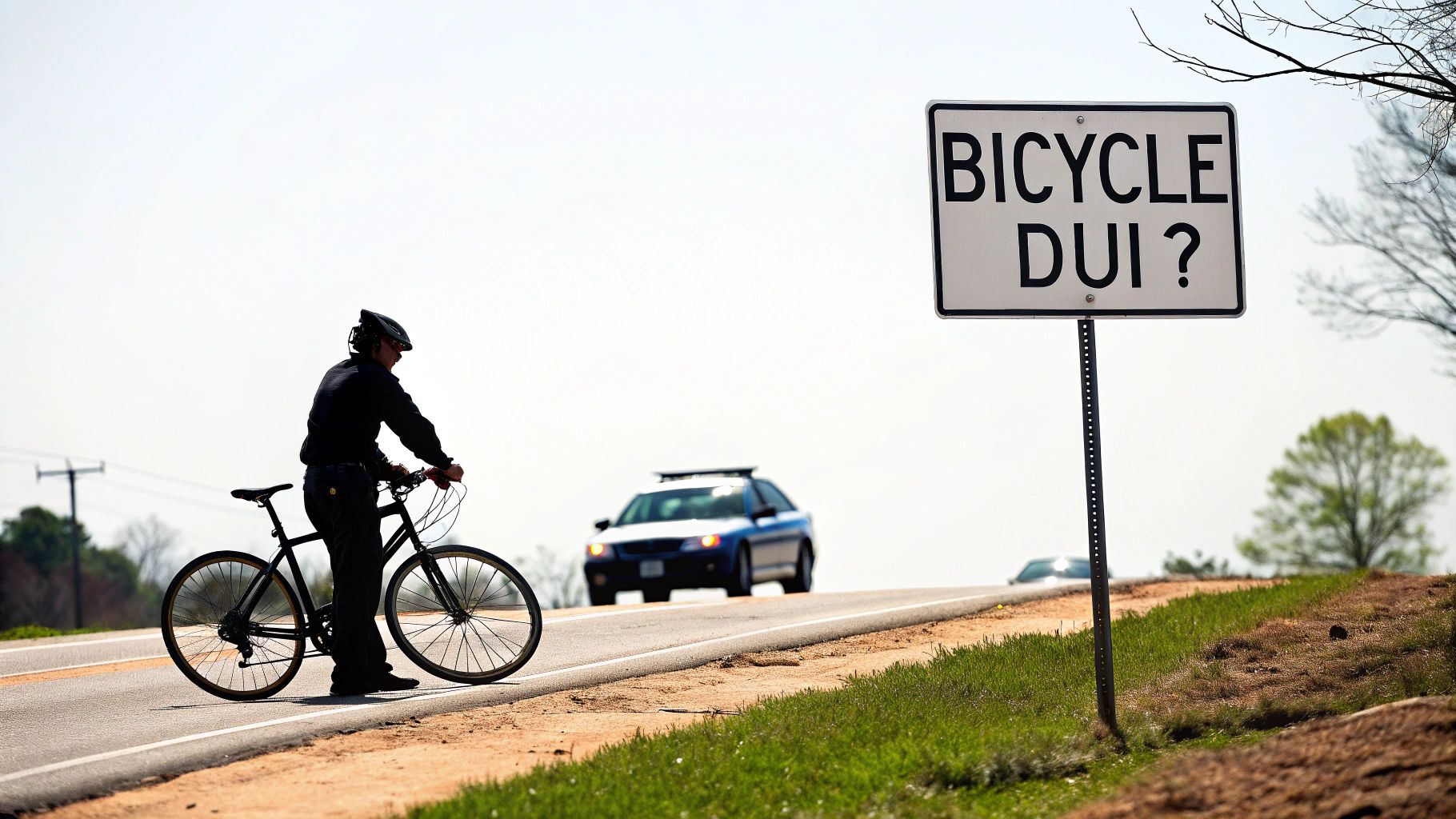 A cyclist stands next to a "BICYCLE DUI?" sign on a road with a police car approaching.