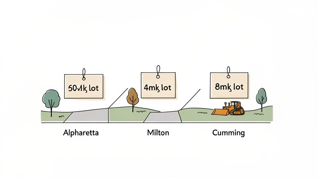 Illustration of three land plots in Alpharetta, Milton, and Cumming, with different 'mk' values and a bulldozer.