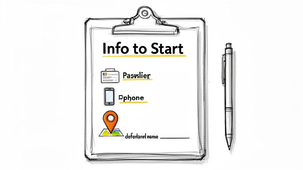 Sketch of a clipboard titled 'Info to Start' with icons for passport, phone, and defendant name.