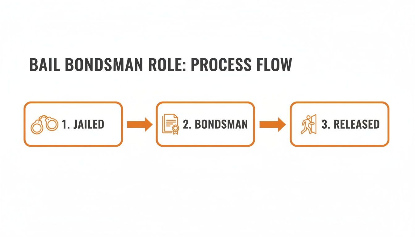 Process flow diagram illustrating the bail bondsman role: jailed, bondsman intervention, then released.