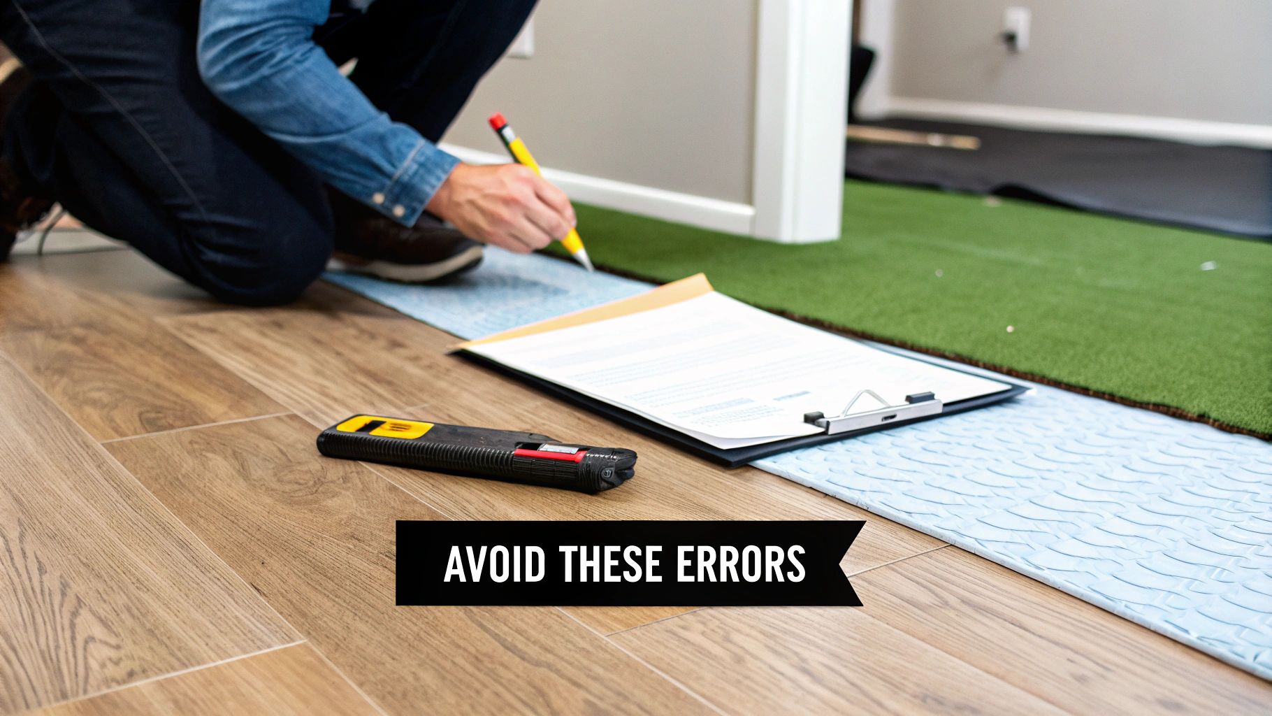Person kneeling, writing on a clipboard next to a utility knife on a wooden floor with underlayment.