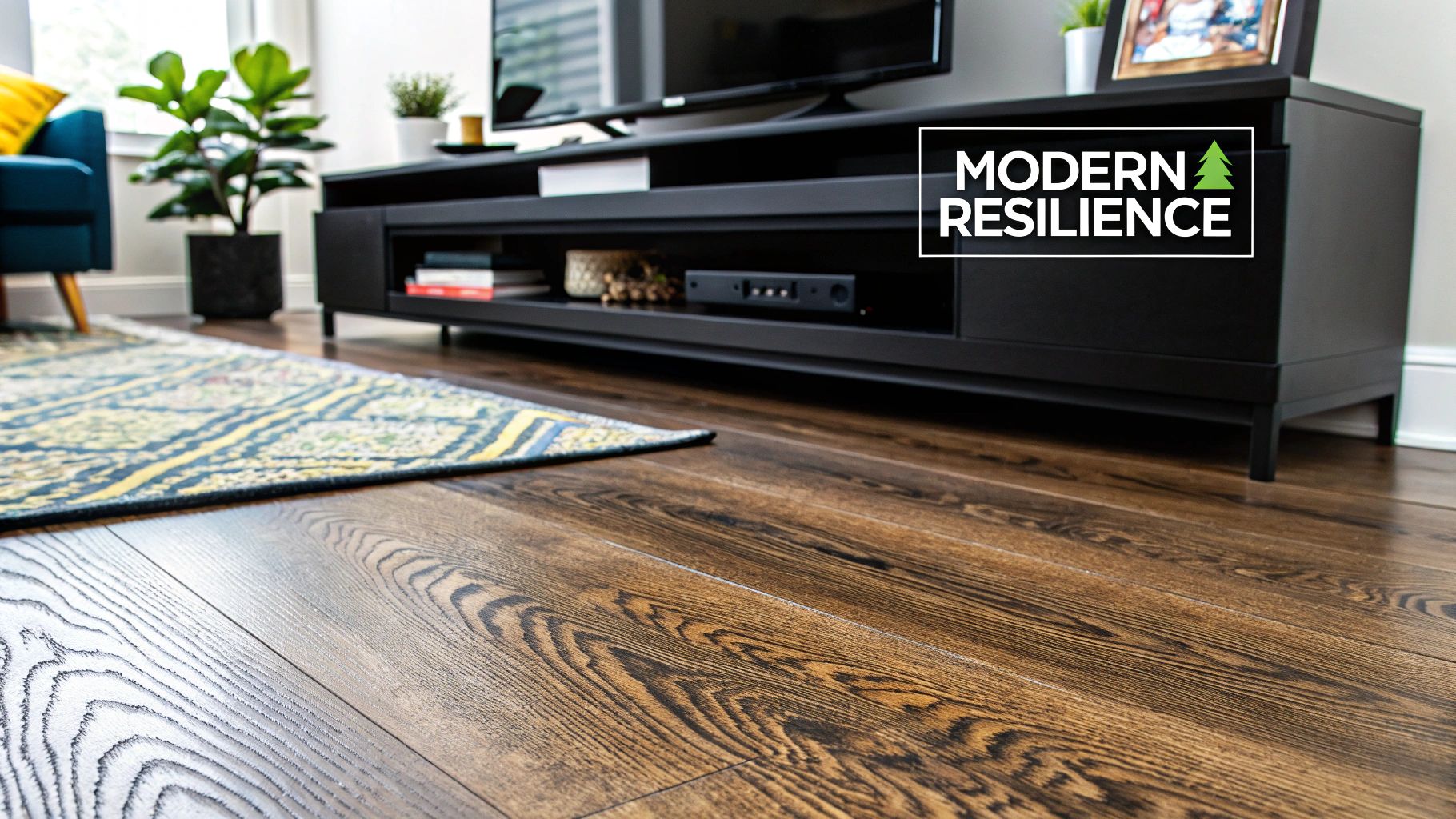 A stylish living room with modern luxury vinyl plank flooring that mimics the look of natural wood.