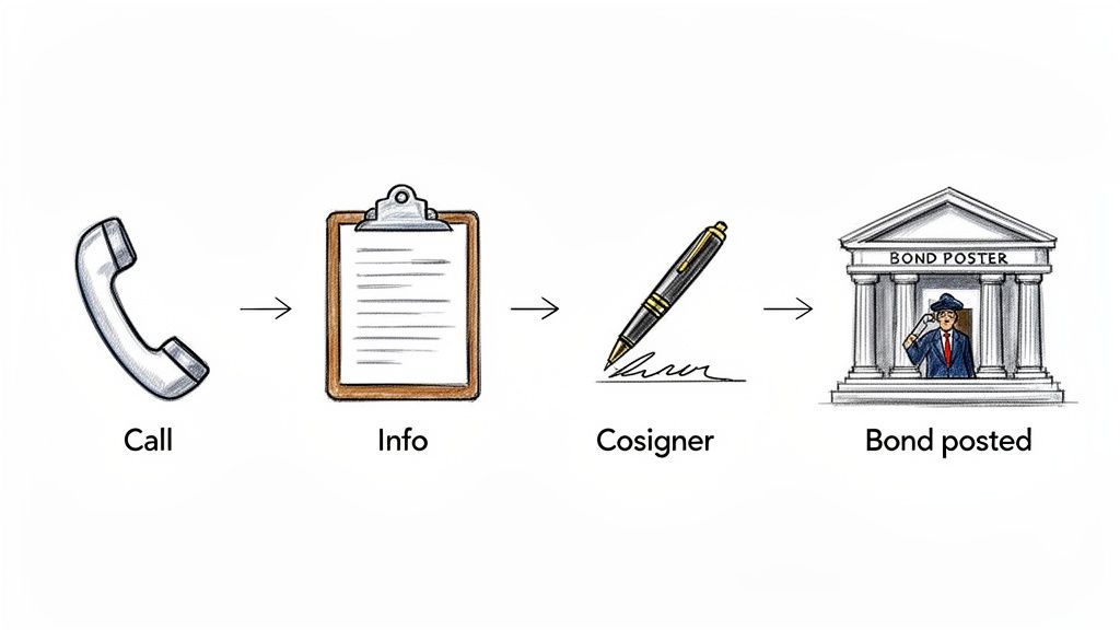 A four-step diagram showing the process of posting a bond: Call, Info (clipboard), Cosigner (pen signing), and Bond posted (building).