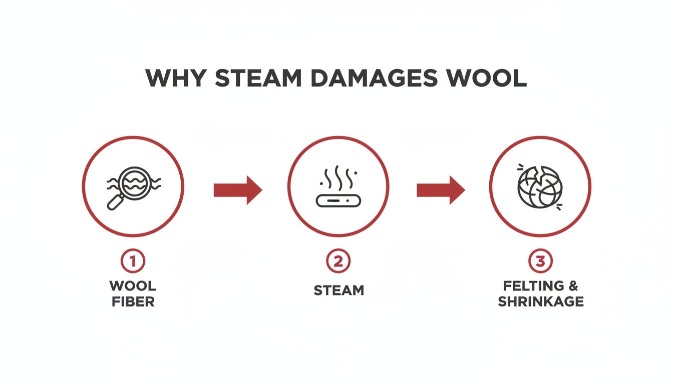 Flowchart showing how steam interacts with wool fibers, leading to felting and shrinkage.