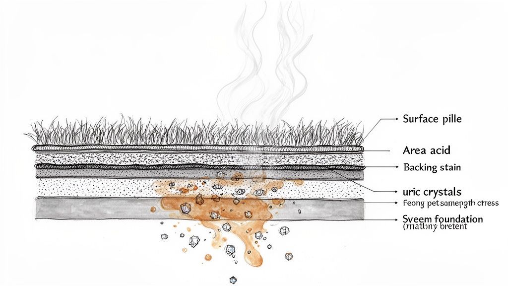 Cross-section of artificial turf showing pet urine penetrating layers, with uric crystals and rising odor.