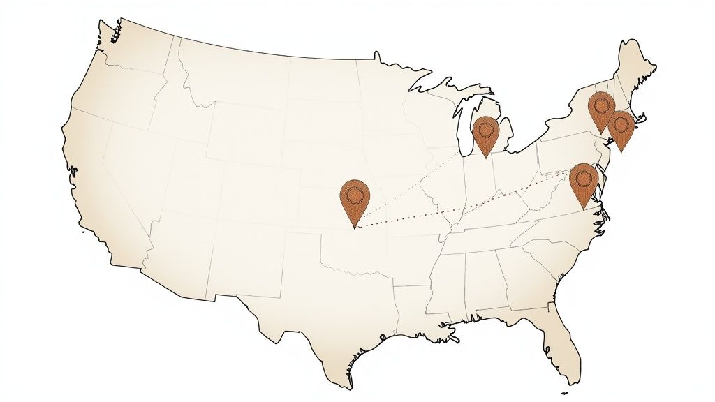 Map of the contiguous United States showing five location pins and dotted travel routes.
