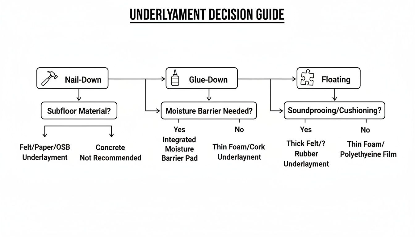 Flowchart guide for selecting the correct underlayment based on flooring installation type.