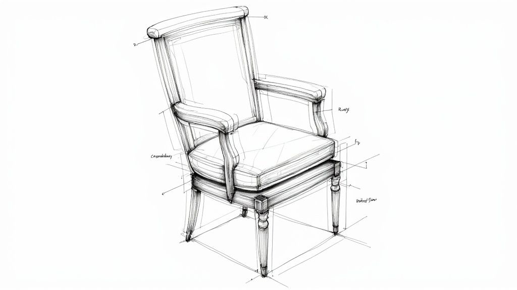 Detailed sketch of a classic wooden armchair with upholstered seat and back, showing construction lines.