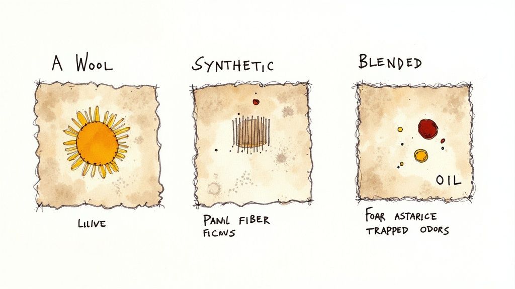 Three illustrated panels comparing wool, synthetic, and blended materials, likely related to stain or odor retention.