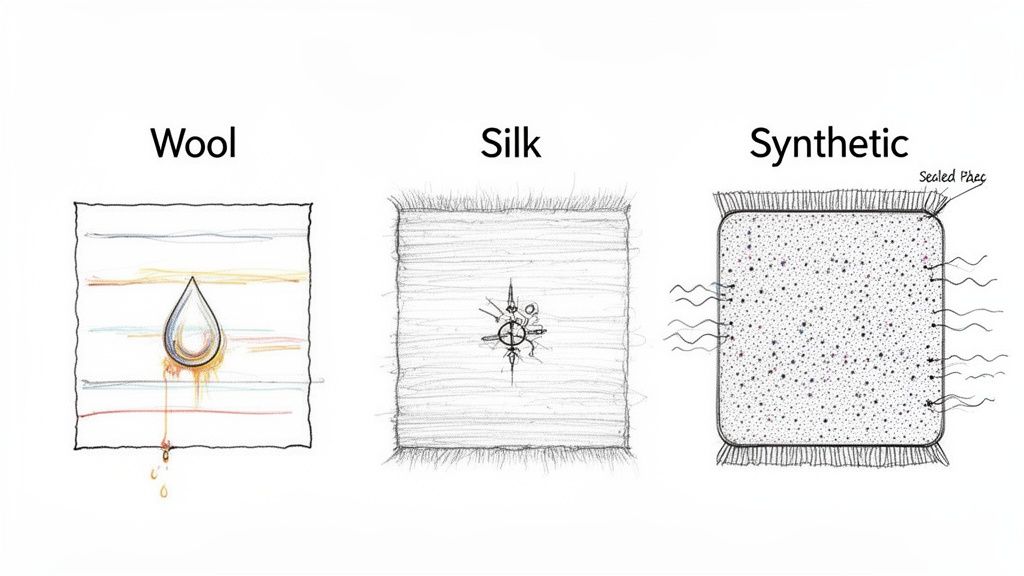 Illustrations comparing water absorption and properties of wool, silk, and synthetic fabrics.