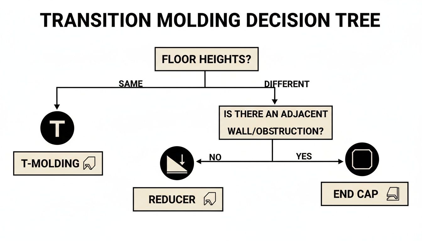 A decision tree flowchart for selecting the correct transition molding type based on floor heights and adjacent obstructions.