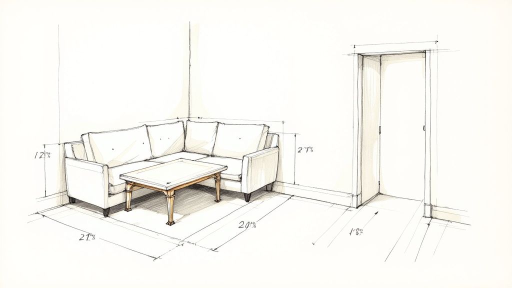 Hand-drawn sketch of a living room corner featuring a sectional sofa, coffee table, a door, and various measurements.