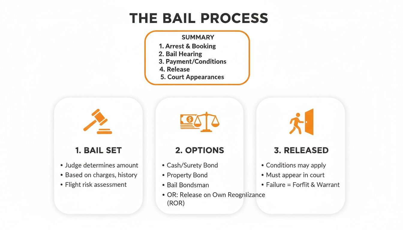 Infographic detailing the step-by-step bail process from setting bail to release and options.