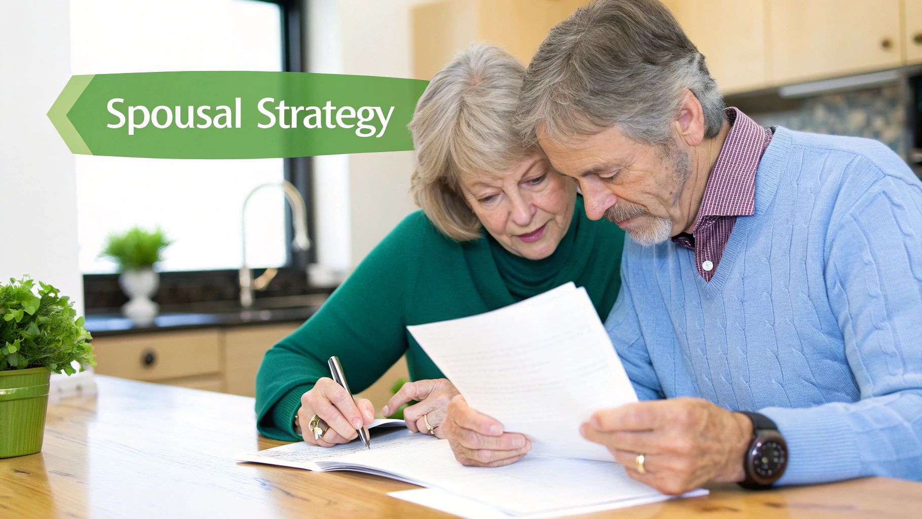 An older couple collaboratively reviewing documents, with the woman writing, beneath a 'Spousal Strategy' banner.