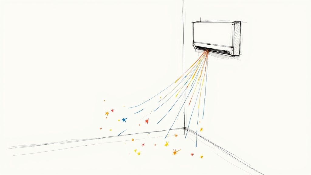 A modern ductless mini split unit mounted on the wall of a brightly lit living room.