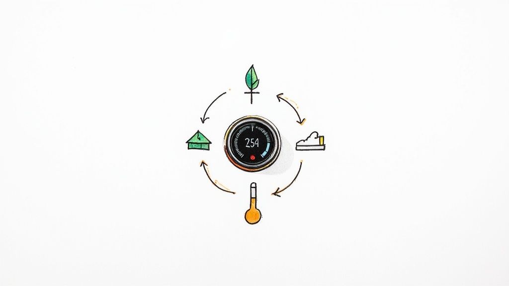 A modern smart thermostat mounted on a home wall, displaying the current temperature.