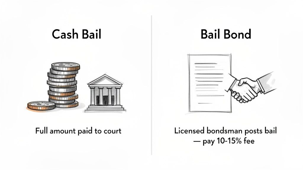 Illustration comparing cash bail with bail bonds, detailing full payment to court versus a bondsman fee.