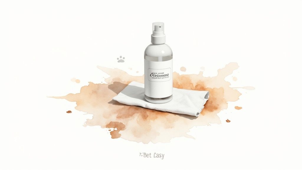 A white spray bottle and cloth on a brown watercolor stain, with a paw print.