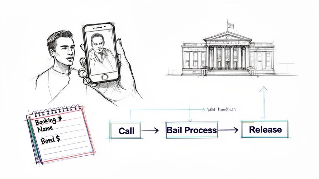 Diagram illustrating the bail process: a call, bail processing, and release from a courthouse.