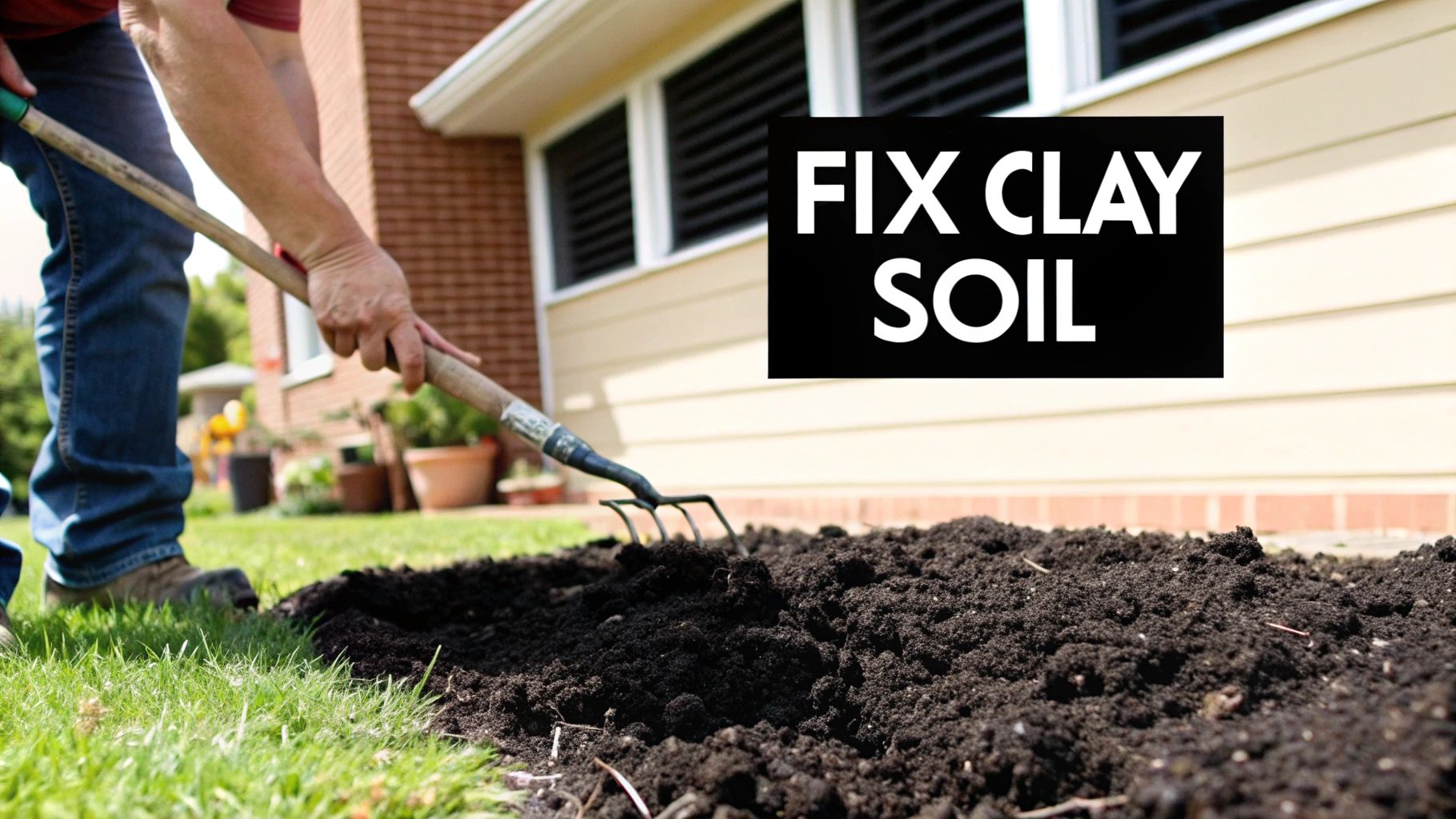 Worker aerating a lawn with compacted clay soil.