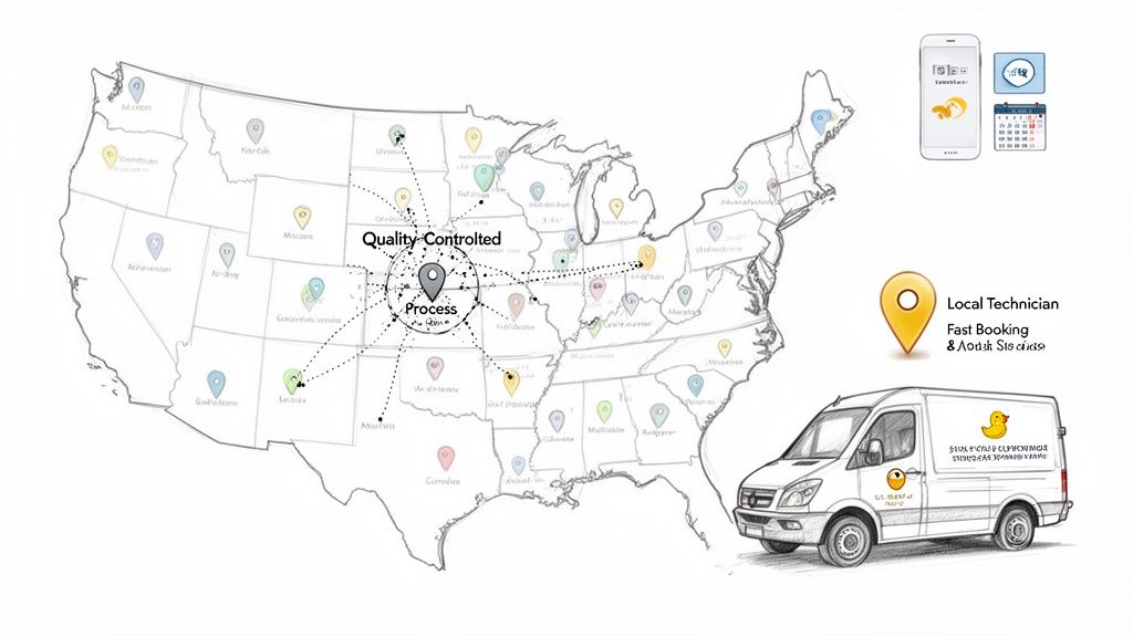 Map of the US showing a quality-controlled service network with local technicians, app booking, and a service van.