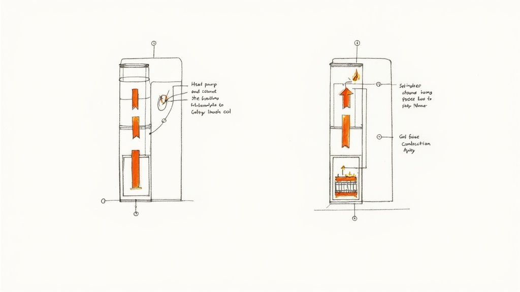 An infographic showing the operational cycles of a heat pump and a gas furnace.
