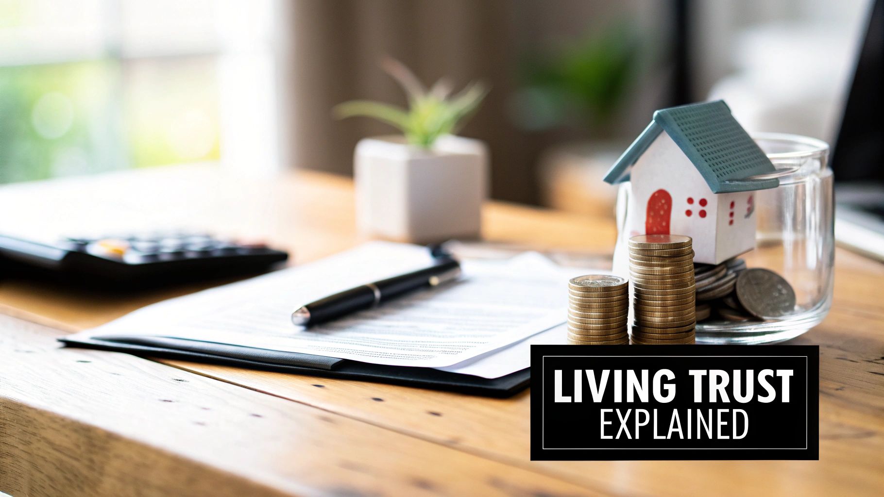 A desk setup with a calculator, document, pen, coins, and a model house, explaining living trust.