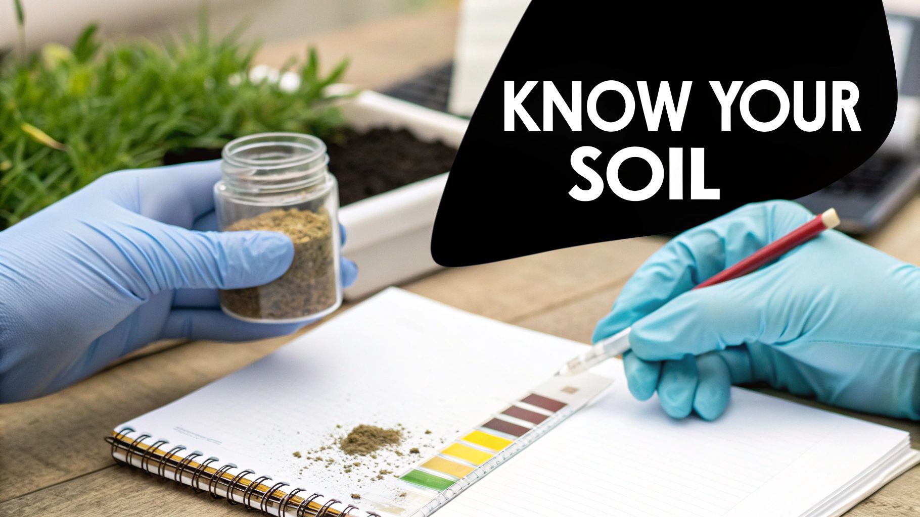 Two gloved hands perform soil testing, examining a sample next to a pH test strip and notebook.