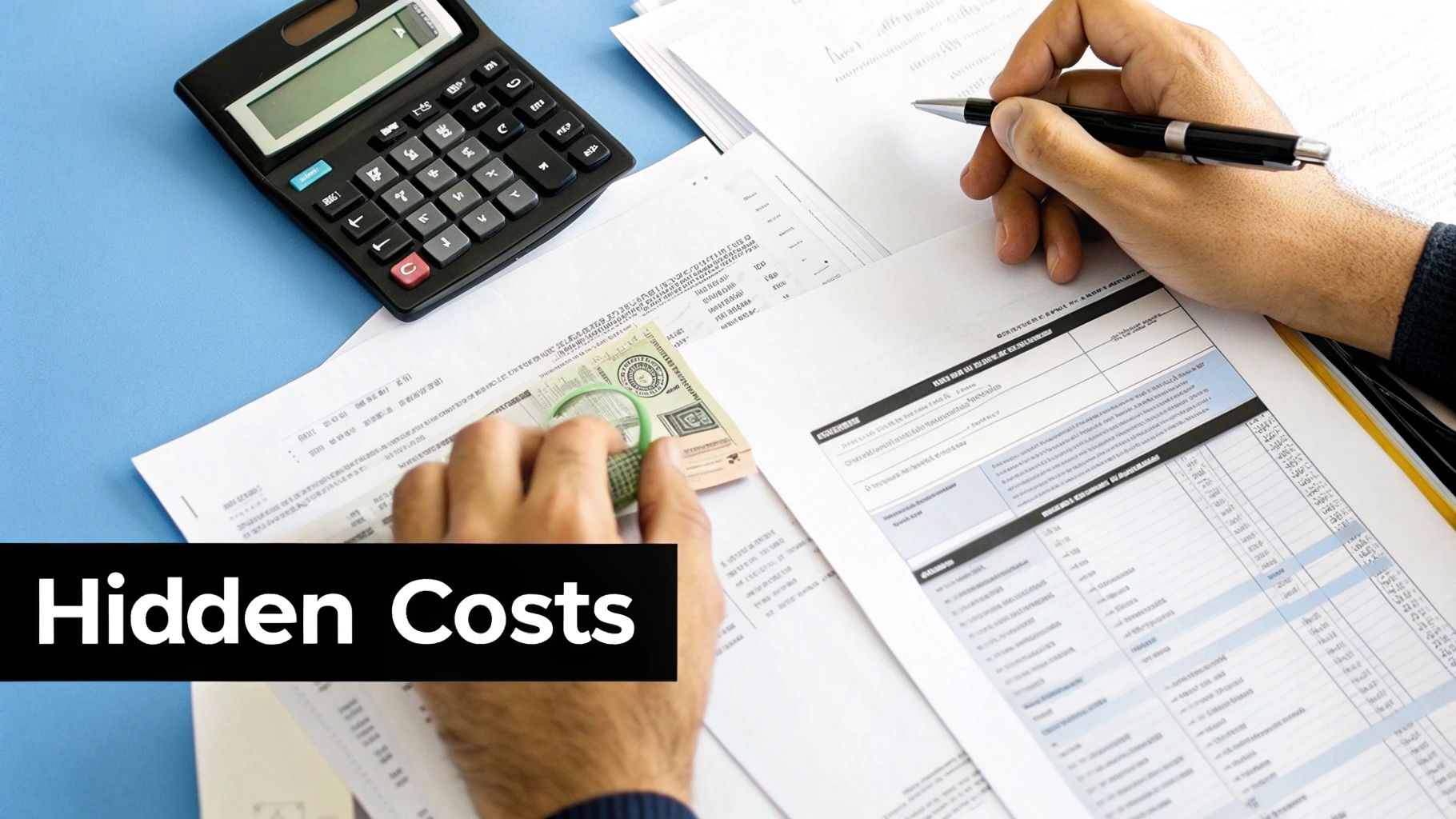 A person reviewing financial documents with a calculator and money, illustrating hidden costs.