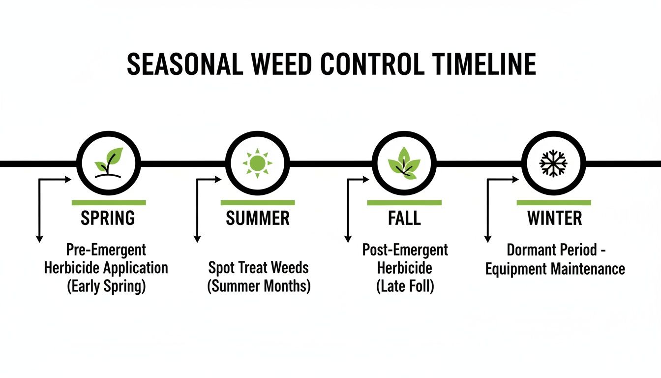 Seasonal weed control timeline depicting herbicide applications and maintenance tasks for spring, summer, fall, and winter.