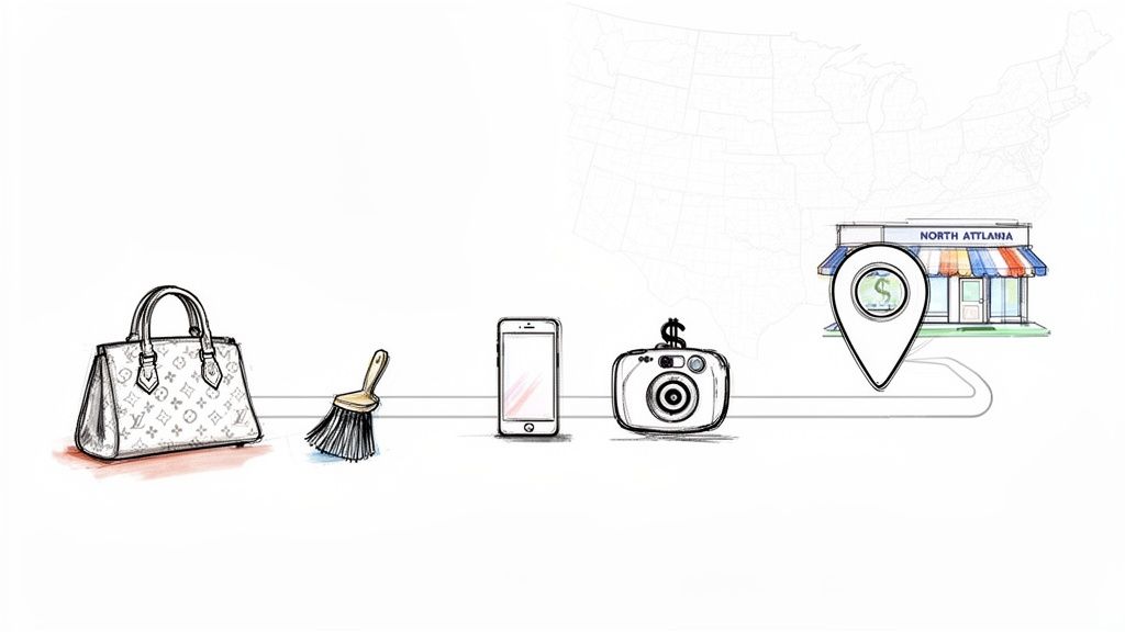 Illustration showing steps to sell a luxury handbag, from cleaning to online listing and sale.