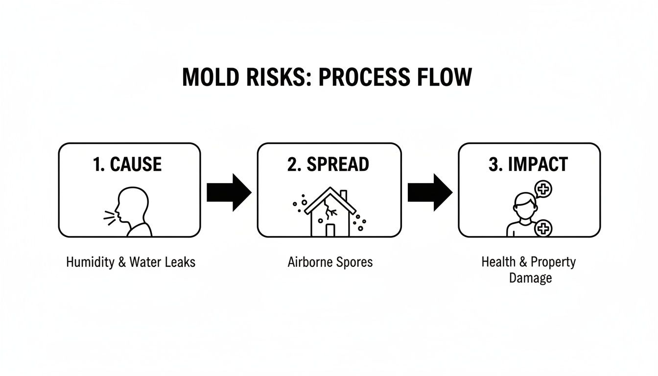 Process flow diagram illustrating mold risks: cause (humidity, water leaks), spread (airborne spores), and impact (health, property damage).