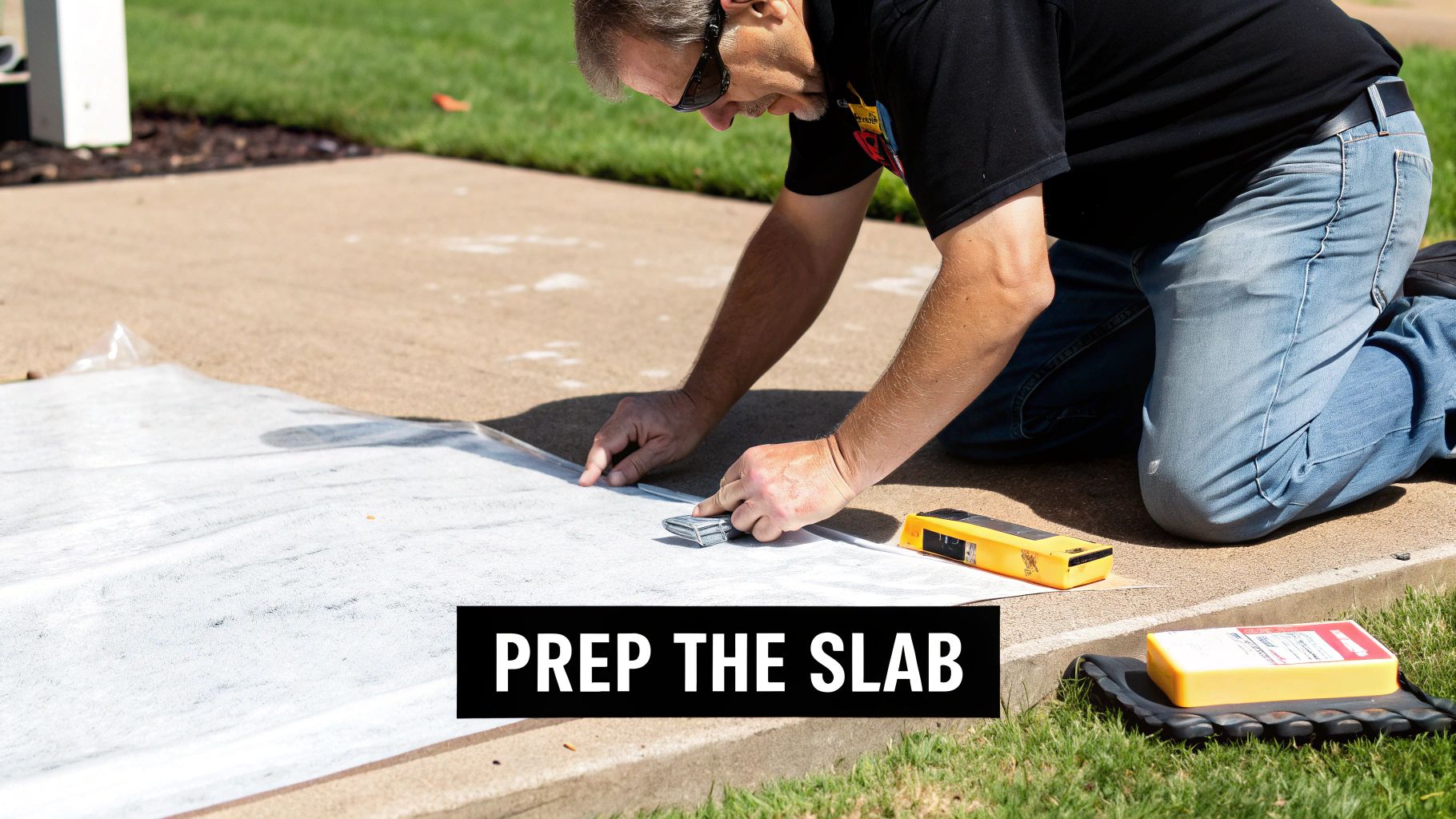 A man kneels on a concrete slab, cutting a white underlayment material with a utility knife.