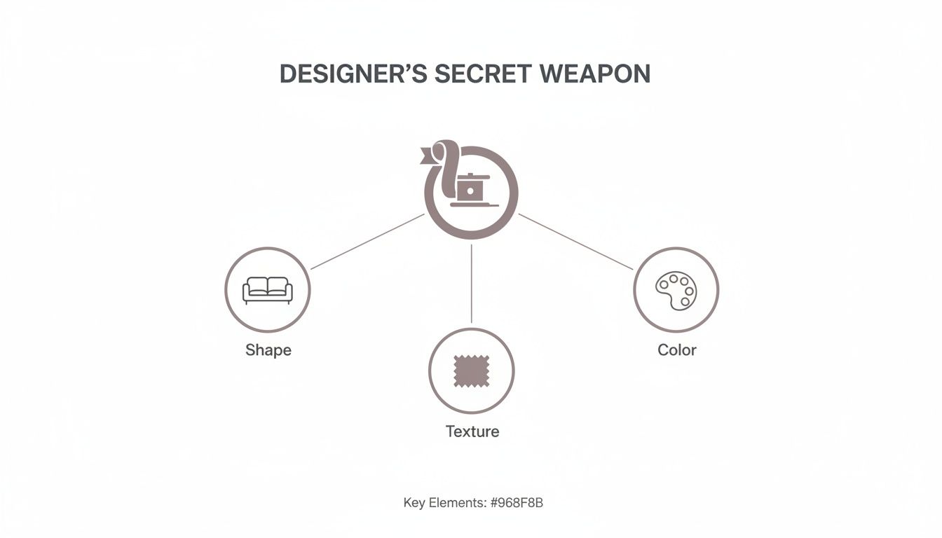 A mind map illustrating a designer's secret weapon, featuring shape, texture, and color as key elements.