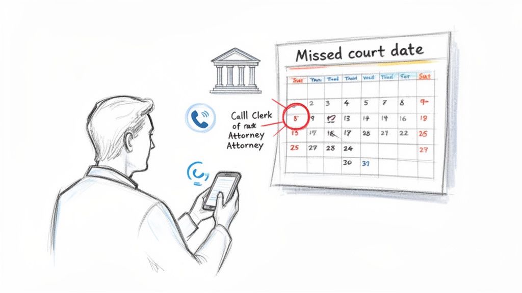 A person looks at a smartphone and a calendar titled 'Missed court date', with icons to call a clerk or attorney.