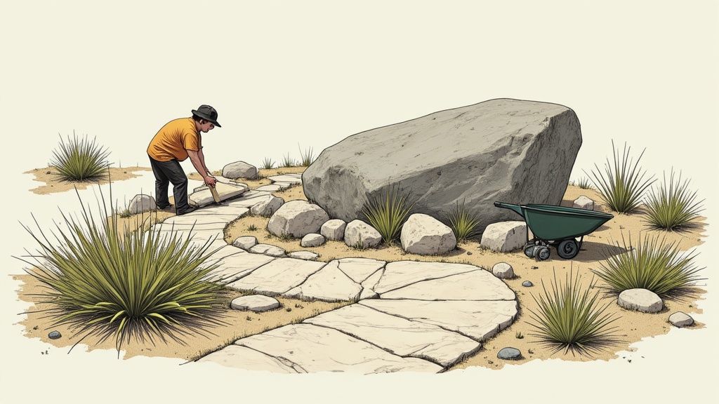 Person installing natural stone paving in desert landscaping with large boulder and native grasses