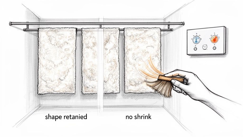 A hand brushes a wool rug hanging on a rack, illustrating retained shape and no shrinkage.