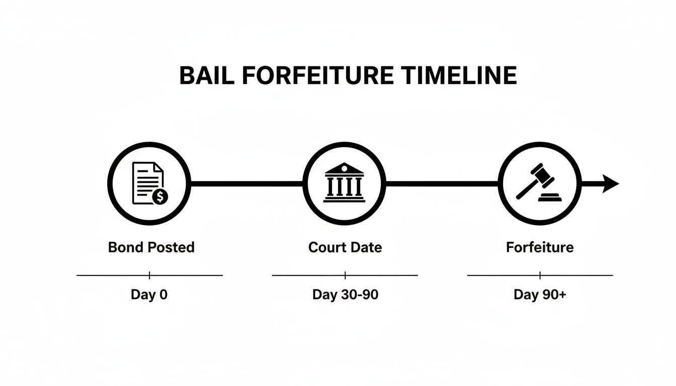 A bail forfeiture timeline displaying three stages: Bond Posted (Day 0), Court Date (Day 30-90), and Forfeiture (Day 90+).