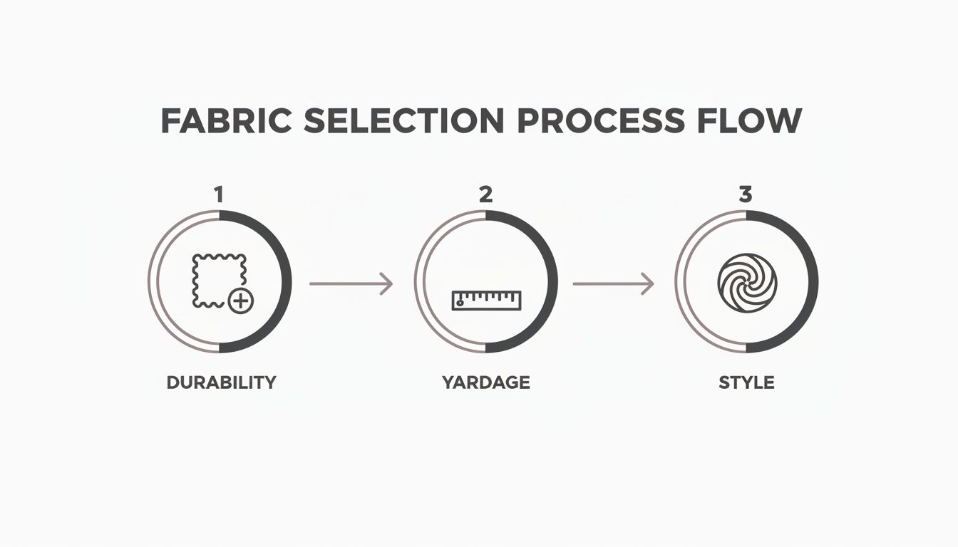 A fabric selection process flow chart with three steps: durability, yardage, and style.