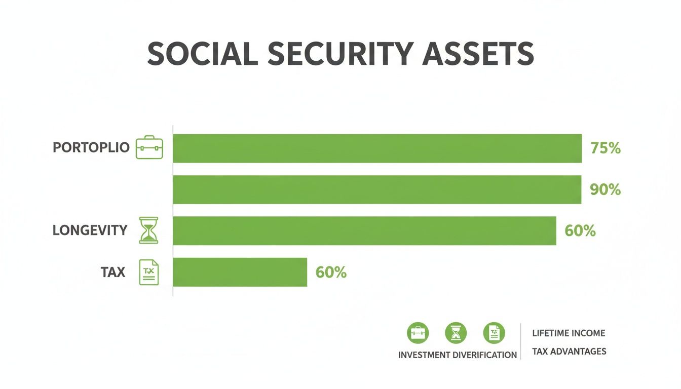A bar chart illustrating social security assets, including portfolio (75%, 90%), longevity (60%), and tax (60%) percentages.