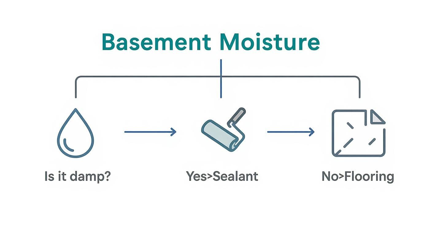 Flowchart showing steps for basement moisture: check for dampness, apply sealant if yes, install flooring if no.