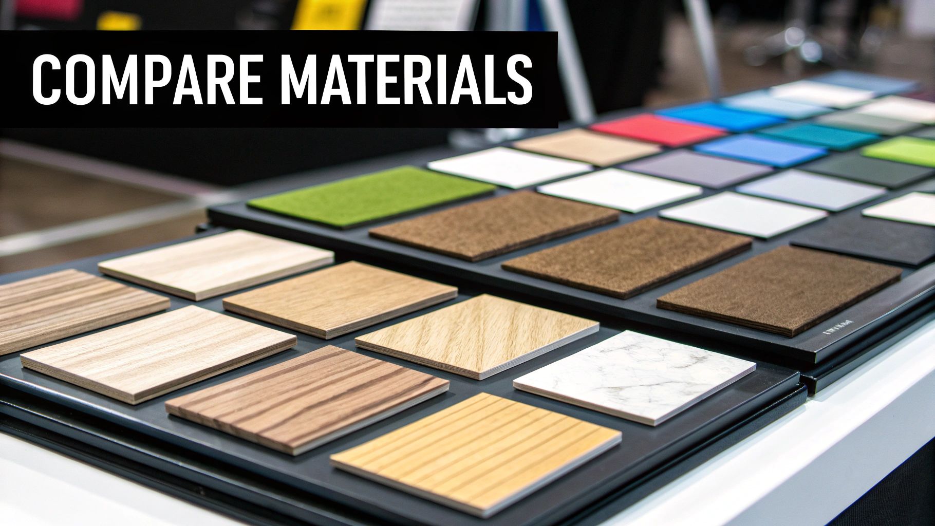 Samples of different popular flooring materials like hardwood, laminate, tile, and carpet.