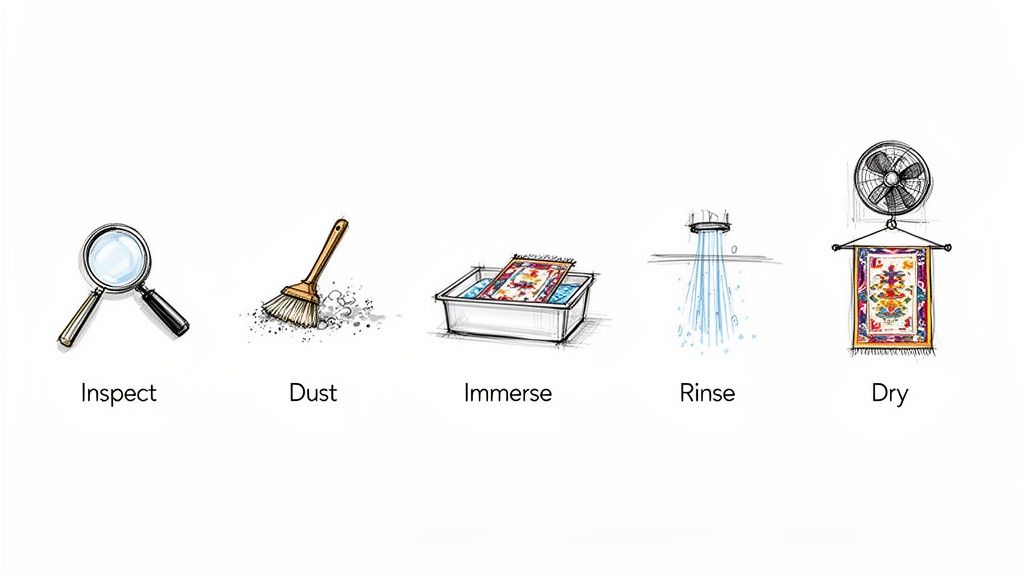 A five-step illustration for cleaning a rug: inspect, dust, immerse, rinse, and dry.
